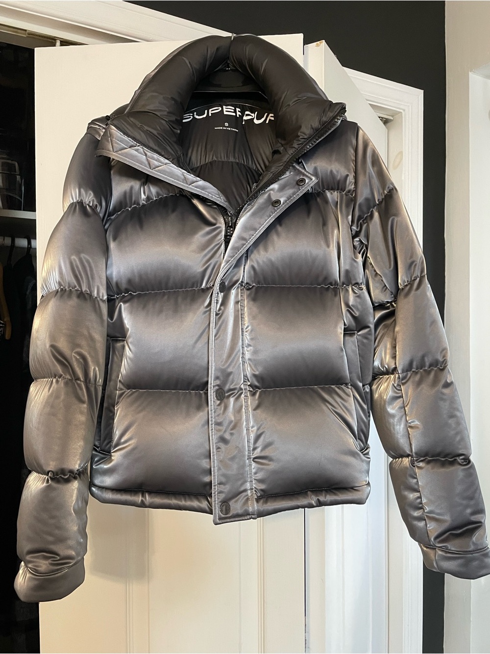 Aritzia Super Puff Metallic Gray Puffer Jacket
